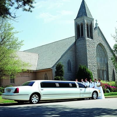 limuzinas prie baznyčios su jaunaisiais ir svečiais