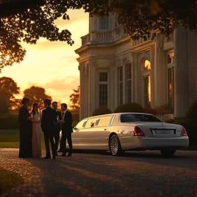 saulėlydis prie dvaro ir laimingi jaunieji ir svečiai