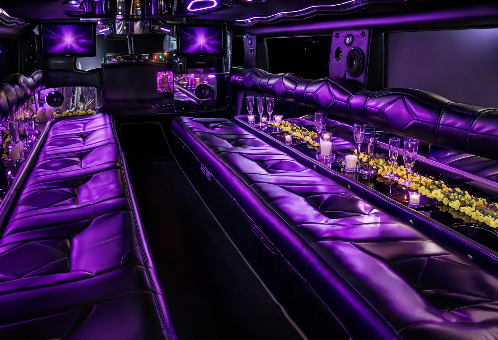 16–20 vietų Hummer H1 limuzino erdvus odinis salonas su šventiniu apšvietimu