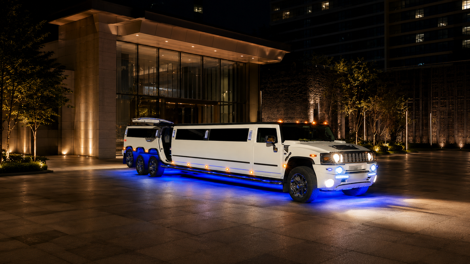 Didelis baltas Hummer H2 limuzinas, siūlomas nuomai Vilniuje