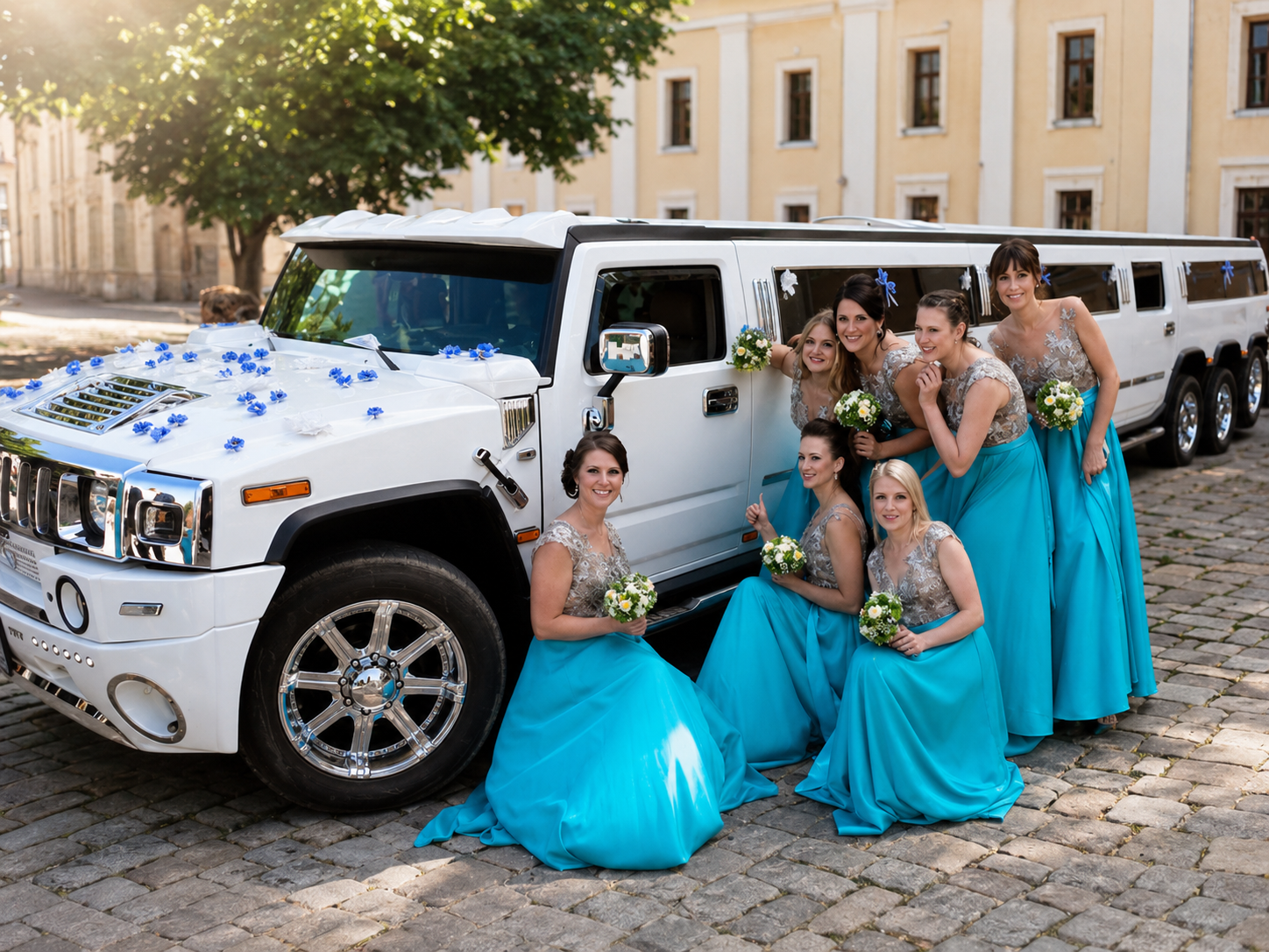 Merginų kompanija prie balto Hummer limuzino